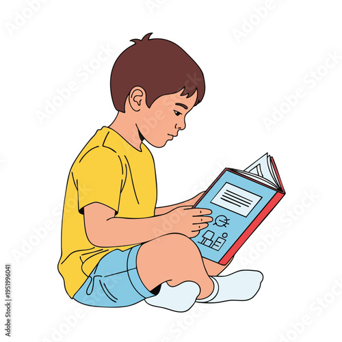 Boy wearing yellow shirt and blue shorts sits cross-legged reading an open book