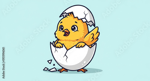 Adorable Yellow Chick Hatching from Egg with Broken Shell Pieces.