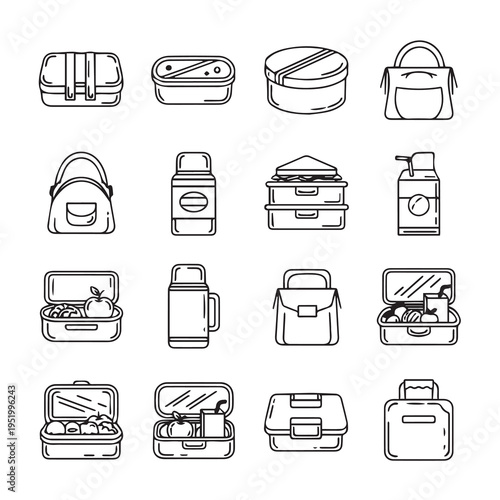 Assorted Lunch Boxes and Thermos Flasks Collection Outline Icons