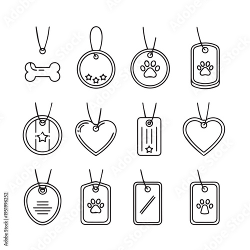Assorted Pet ID Tags Collection Vector Icons Dog Bone Paw Print Heart Shapes