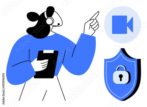 Cybersecurity, data protection, online privacy, video communication, secure networks, digital safety. A person holding a clipboard, shield padlock and video icon. Cybersecurity and data protection