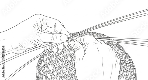Hands weaving a basket with intricate patterns and textures.