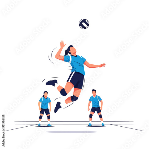 Volleyball Team Playing Match, Athlete Jumping to Spike Ball on Court