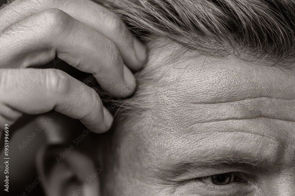 Fototapeta premium A close-up, monochrome portrait of a thoughtful, mature man with gray hair, showing wrinkles and a concerned expression as he touches his head, suggesting aging.