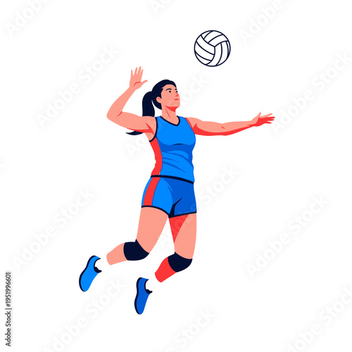 Female Volleyball Player Jumping and Serving Ball, Action Shot, Sport Illustration