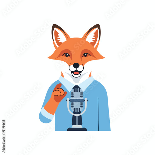 Anthropomorphic fox in a blue shirt and white collar speaks into a microphone