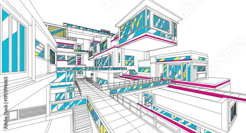 Architectural Sketch of a Modern Building Complex with Vibrant Accents.