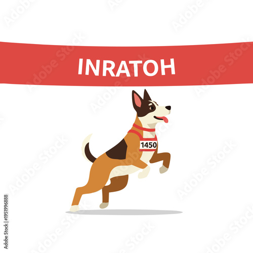 A tri-color dog wearing a red collar and bib jumps over an invisible obstacle