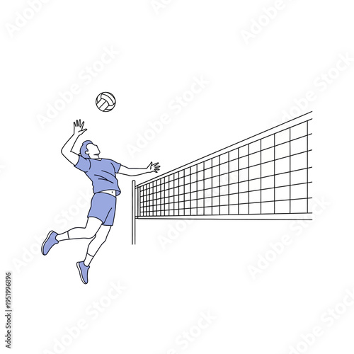 Volleyball Player Jumping to Spike Ball Over Net, Line Art Style