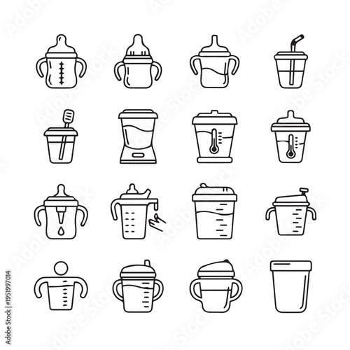 Baby Sippy Cups and Bottles Icons Set Line Art Collection