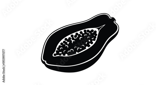 A halved papaya fruit depicted in a striking black silhouette