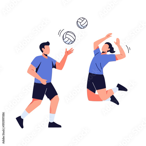 Volleyball players practicing serves and spikes in a dynamic flat illustration