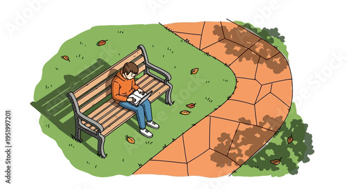 illustration of a person sitting on a park bench reading a book