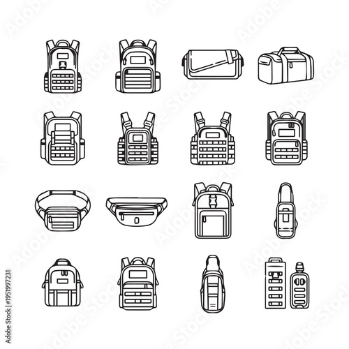 Backpacks Vests Bags and Pouches Collection Vector Icons