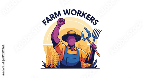 Vector illustration of a farm worker in solidarity with a raised fist and farm tools, celebrating Cesar Chavez Day with a strong and united team in a vibrant, colorful design
