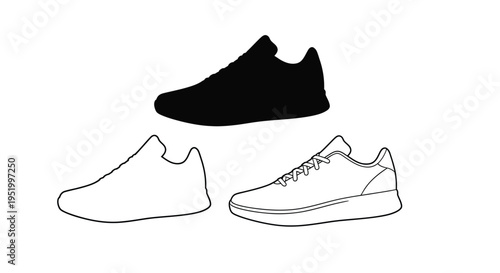 Three depictions of a sneaker outline filled and a dark silhouette