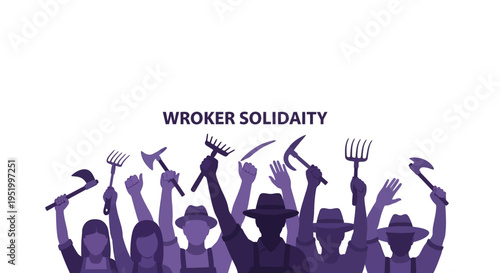 Vector illustration of a worker solidarity poster with people holding farm tools, celebrating Cesar Chavez Day with a purple silhouette design on a white background, promoting farm labor