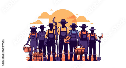 Vector illustration of farm workers in solidarity, celebrating Cesar Chavez Day with a tribute to farm labor rights, standing united in a field at sunset
