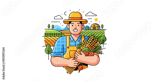 Vector illustration of a smiling farm worker in overalls and hat holding vegetables with a farm landscape behind him on Cesar Chavez Day for worker solidarity