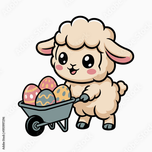 A cartoon lamb is happily pushing a wheelbarrow filled with decorated eggs.