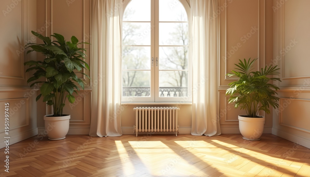 Fototapeta premium Sunlight streams into elegant room with plants. Tall arched window frames leafy trees outside. Neutral walls feature classic molding detail. Wooden floor displays parquet pattern, creating warm