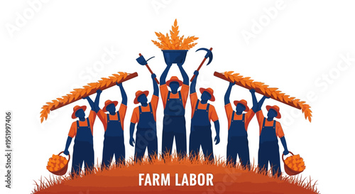 Vector illustration of farm workers in solidarity, celebrating Cesar Chavez Day with farm labor and teamwork, featuring a vibrant orange and blue design
