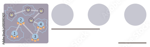 Cybersecurity, data encryption, system security, network protection, information flow, digital analysis. Diagram of a network with secured nodes and pathways. Cybersecurity and data encryption ion