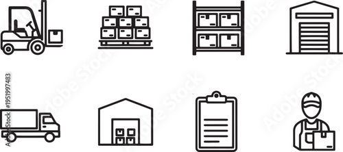 A set of vector line art silhouettes depicting various warehouse and logistics icons and symbols in a bundle