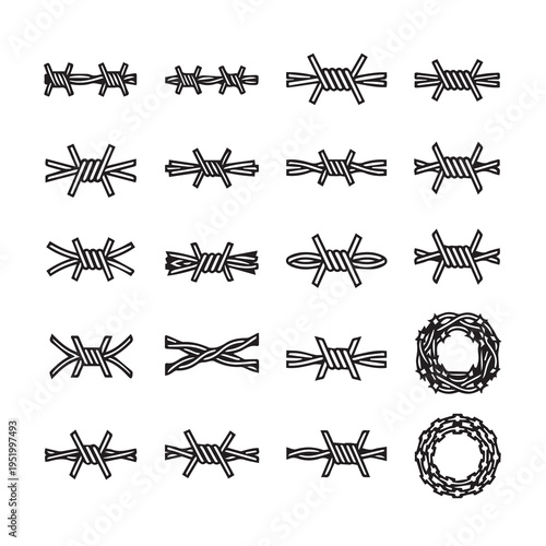 Barbed Wire Collection Icons Vector Set Isolated on White Background