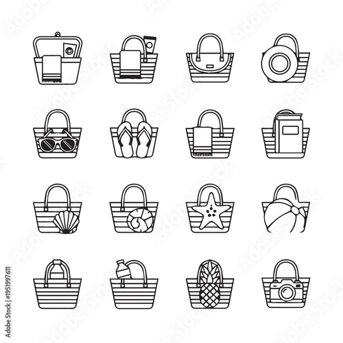 Beach Bags with Summer Accessories Line Icon Set
