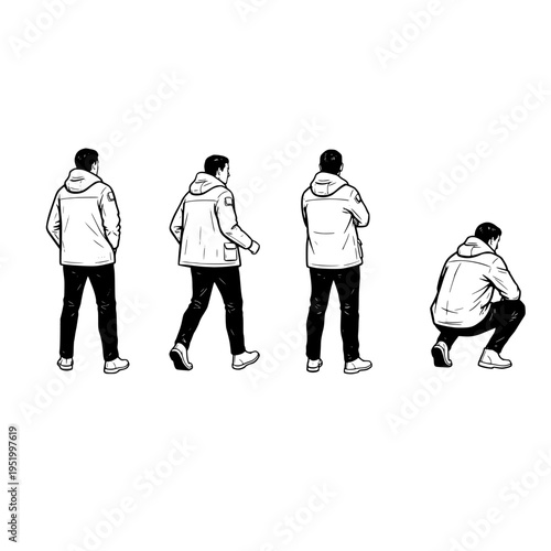A collection of four monochrome illustrations showing a man in a parka jacket in different poses