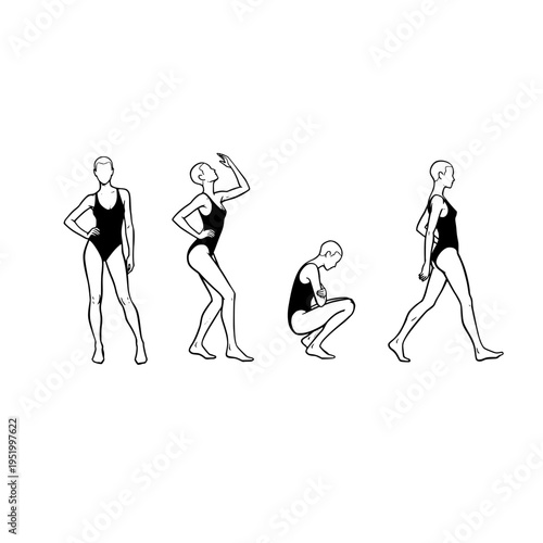 Tableau sur toile Four different poses of a woman wearing a black swimsuit shown in a clean black