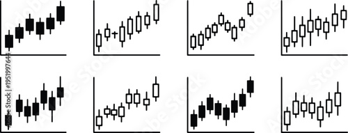 A set of vector line art candlestick charts in silhouette style for financial analysis and trading