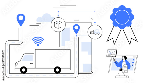 Logistics concept. Logistics with GPS tracking, wireless connectivity, and delivery management. Logistics improving transportation, monitoring, and efficient goods management. For supply chain