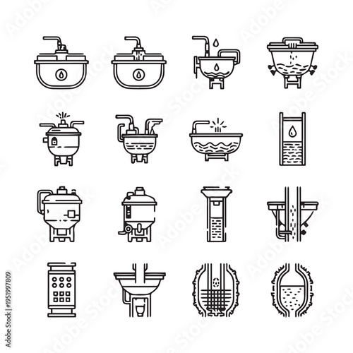 Brewing Equipment Icons Set Fermentation Tanks Distillation Apparatus Line Art