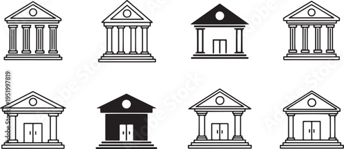 A set of vector line art silhouettes of various classic building facades in a bundle of illustrations