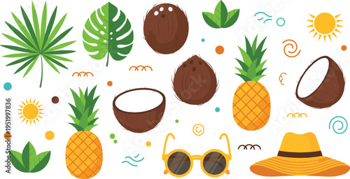 Tropical summer elements vector illustration set with coconut, pineapple, palm leaves, sun hat and sunglasses, exotic beach collection design