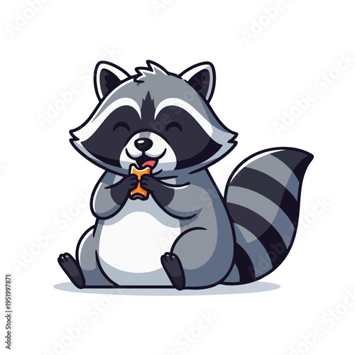Chubby cartoon raccoon eating a snack with eyes closed, tail curled