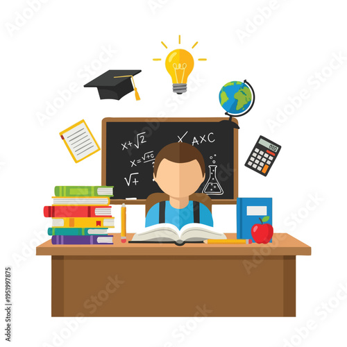 A student sits at a desk surrounded by educational items and math equations