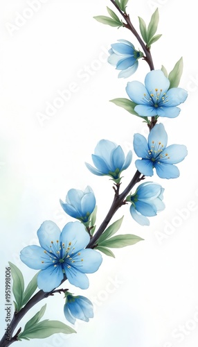Delicate blue blossoms on branch. Floral art with green leaves. Soft pastel botanical detail. Elegant springtime nature design. Pure background for art.