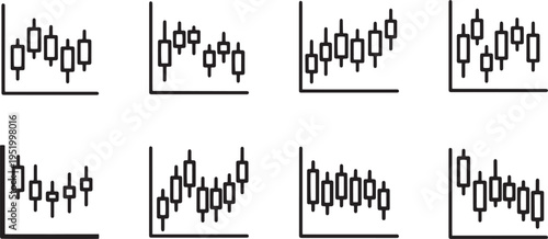 A set of vector line art silhouettes depicting various stock market and financial charts in a bundle