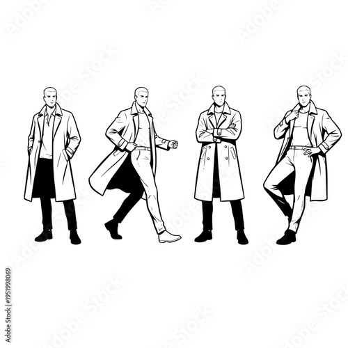 A collection of four distinct poses featuring a stylish man wearing a classic trench coat garment