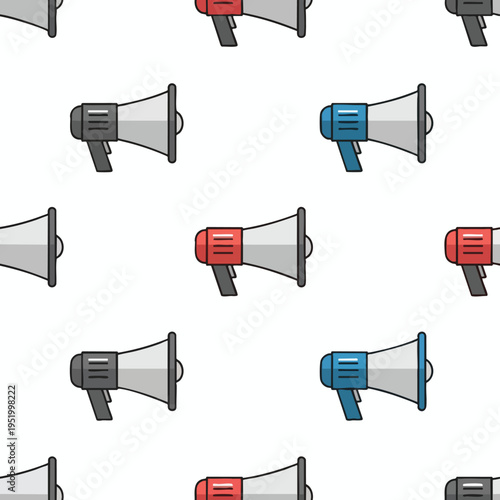 Pattern of colorful megaphones on a white background