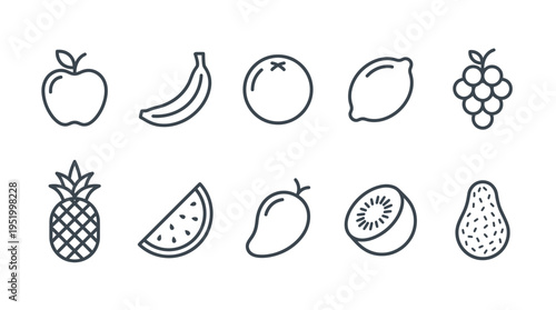Thin Line Monoline Fruit Icons Collection for Digital Interface