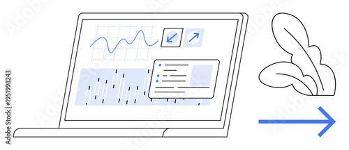 Data visualization, business growth, financial analysis, technology, progress, workflow systems. Laptop displaying graphs and charts with an arrow forward movement. Data visualization and business