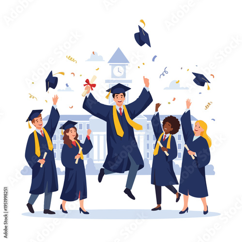 Diverse graduates celebrate commencement, tossing caps in the air amidst confetti