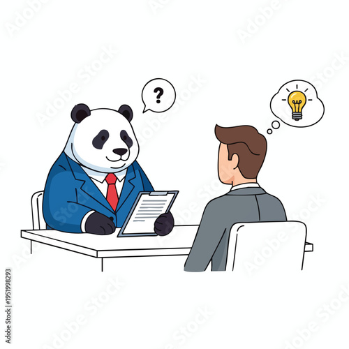 Panda in suit interviews human; question mark and idea bulb icons