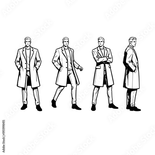 A black and white ink illustration showing a stylish man in a long coat in four different poses