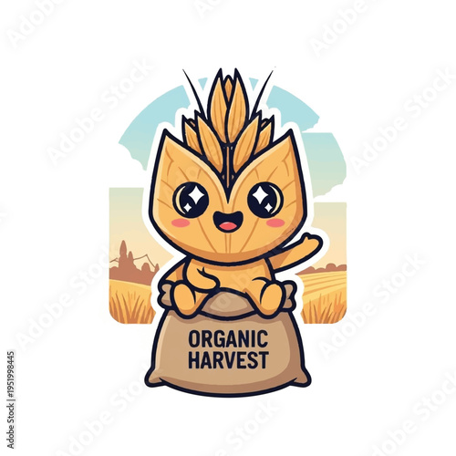 A cartoon squirrel with a wheat-like tuft on its head sitting on a burlap sack labeled 'ORGANIC HARVEST' in front of a rural landscape with wheat fields. Perfect for agriculture, organic