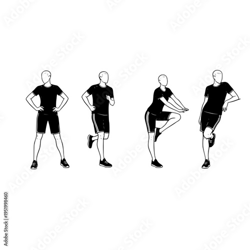 A sequence of line art illustrations showing a person demonstrating a series of leg stretch poses